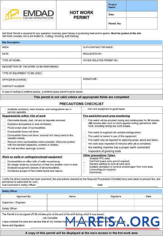 Printable Emdad fueling infrastructure work permit real example